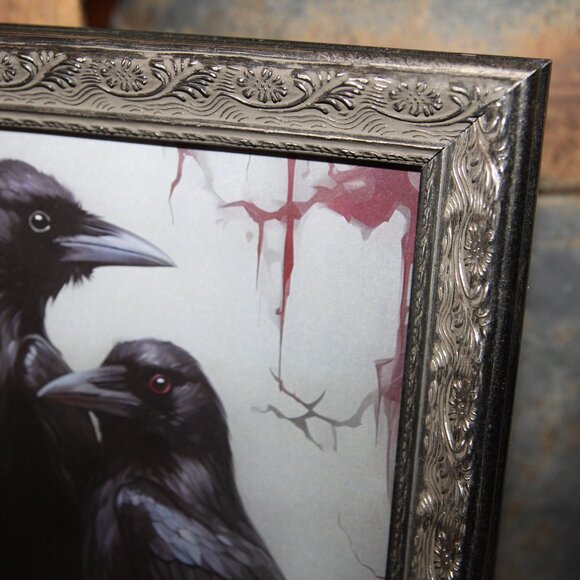 Ornate Dark Moody Gothic Farmhouse Framed Black Ravens & Roses Picture - Picture 3 of 3